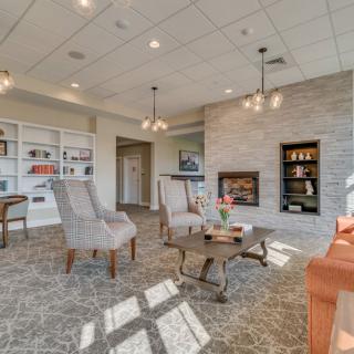 A modern living room with comfortable seating, a fireplace, and built-in bookshelves.