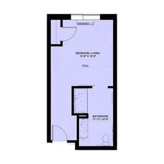 A floor plan depicting a small apartment layout with designated areas for kitchen and bedroom.