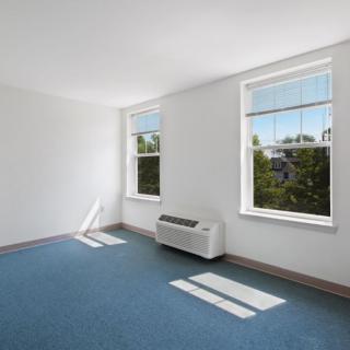 A bright, empty room with blue carpet and two large windows.