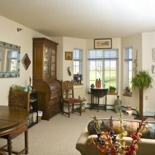 A cozy living room with elegant wooden furniture and decorative items, featuring large windows and indoor plants.