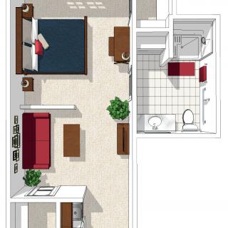 A floor plan of an apartment showing a bedroom, living room, and bathroom with furniture layout.