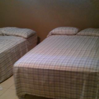 Two beds with checkered bedding in a bedroom.