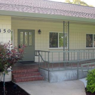 A quaint house entrance with a green door and brick steps leading to a small porch.