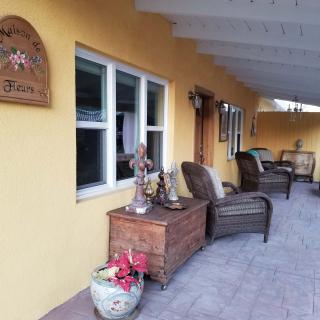 Cozy patio area with rattan chairs, decorative items, and potted plants against a yellow wall.