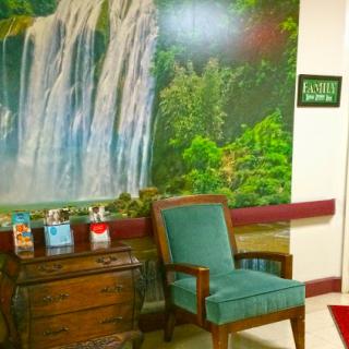 A serene waiting area featuring a nature-inspired mural of a waterfall surrounded by lush greenery.