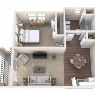 A detailed floor plan of a one-bedroom apartment featuring a living area, kitchen, dining space, bedroom, and bathroom.