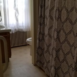 A bathroom with a patterned shower curtain and natural light coming through the window.