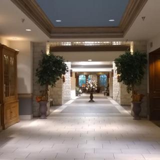 A well-lit hallway with elegant decor and potted plants.