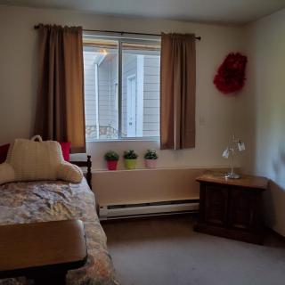 A cozy bedroom with a bed, pillows, and a nightstand next to a window adorned with curtains.