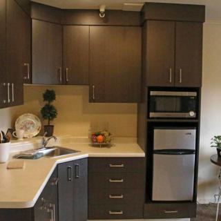 A compact modern kitchen with dark cabinets and integrated appliances.
