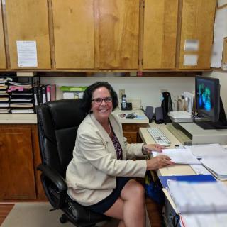 A woman sitting at a desk in an office environment, surrounded by files and using a computer.