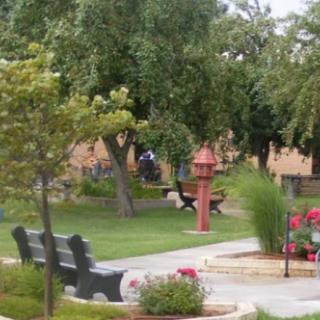 A peaceful park scene with benches, lush greenery, and trees.