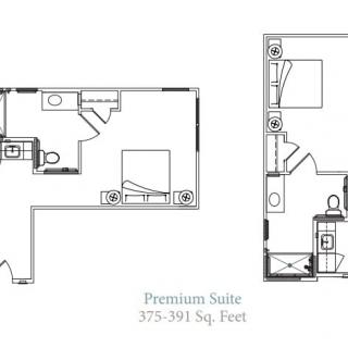 Floor plan of a premium suite measuring 775-791 square feet.