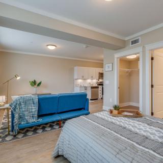 Modern studio apartment with open-plan living and bedroom area.