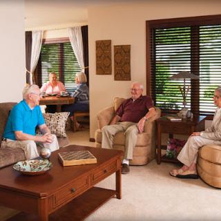 A group of seniors enjoying a conversation in a cozy living room.