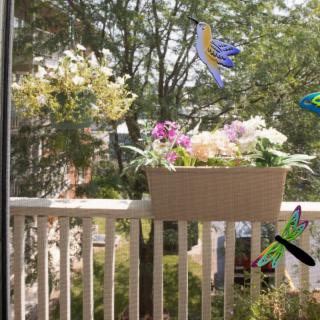 A colorful flower box adorns a balcony railing, surrounded by decorative ornaments and a lush tree in the background.