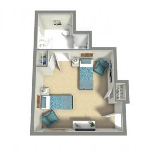 A floor plan of a two-bedroom apartment with furniture layout.