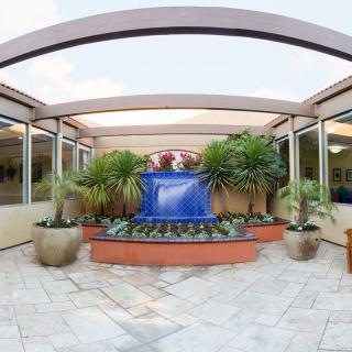 A serene courtyard featuring a central fountain surrounded by potted plants and a modern roof structure.