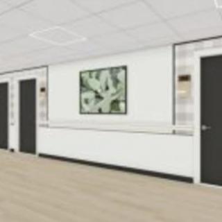 A modern hospital corridor with multiple doors and artwork on the wall.