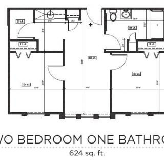 Floor plan of a two-bedroom, one-bathroom apartment with 624 sq. ft.