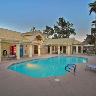 A serene swimming pool area surrounded by palm trees and a welcoming building.