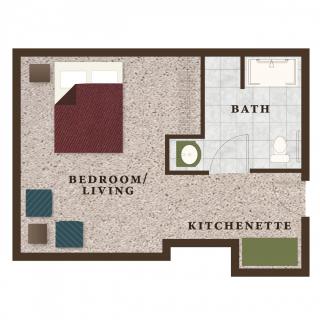 Studio apartment floor plan with a bedroom/living area, kitchenette, and bathroom.