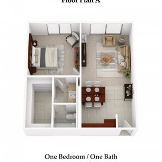 3D floor plan of a one-bedroom, one-bathroom apartment.