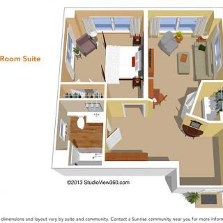 3D floor plan of a one-bedroom suite with a living room, kitchen, and bathroom.