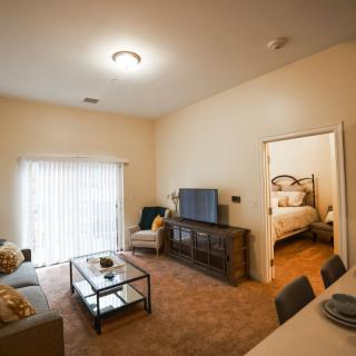 A cozy apartment living room with modern furniture and a view into the bedroom.