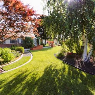 A beautifully landscaped garden with lush green grass and trees basking in sunlight.