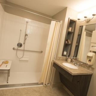 An accessible bathroom with a walk-in shower, grab bars, and a vanity sink.