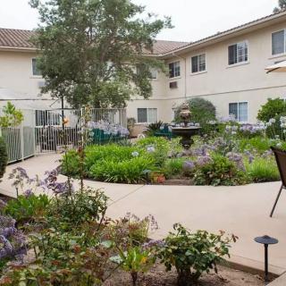 A serene courtyard garden with lush greenery and a path winding through a residential building complex.