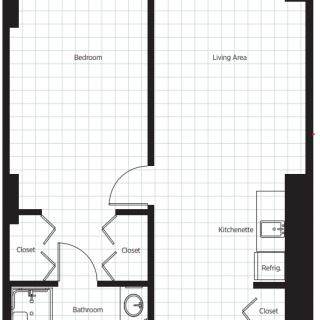 A floor plan of a one-bedroom apartment with a living room, kitchen, bathroom, and closets.