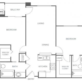 A floor plan of a two-bedroom apartment with a living room, kitchen, bathroom, and balcony.