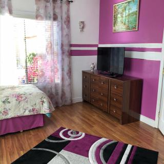 A modern bedroom with purple accents, featuring a television on a wooden dresser and a vibrant rug.