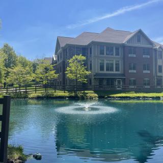 A serene view of a building by the pond with a fountain and surrounding trees.