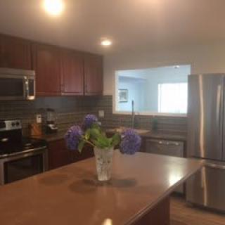 A modern kitchen with stainless steel appliances and a vase of flowers on the island.