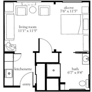 A floor plan of a small apartment unit, featuring a living room, kitchenette, bathroom, and balcony.