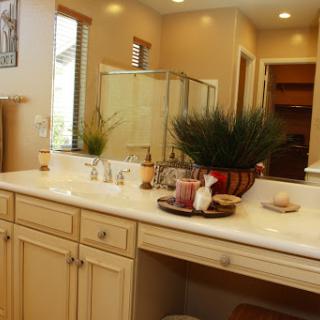 A well-designed bathroom featuring a spacious vanity, modern fixtures, and decorative plants.