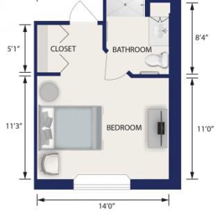 A compact studio apartment floor plan featuring a bedroom, bathroom, and closet.
