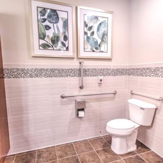 A well-designed bathroom featuring artwork and accessibility handrails.