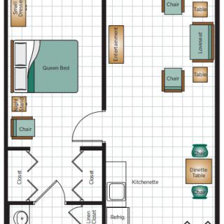 Floor plan showing a one-bedroom apartment with a living room and kitchen area.