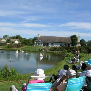Visitors enjoy a sunny day by the lake, watching sailboats glide across the water.