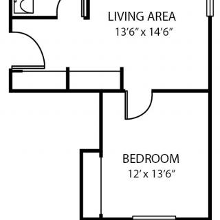 A floor plan showing a one-bedroom apartment with a living area and bathroom.