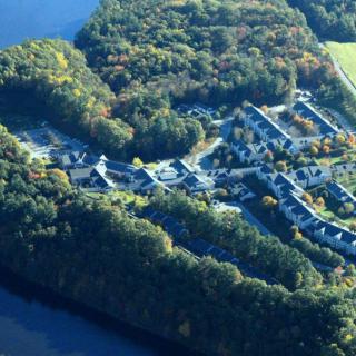 Aerial view of a residential area surrounded by dense forest and a nearby water body.