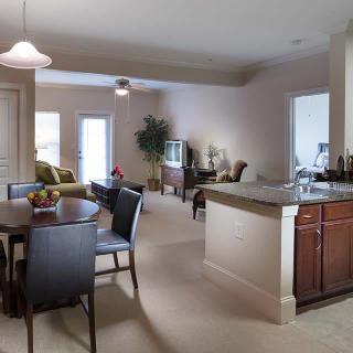 A modern open-concept living room with a dining area and kitchen.