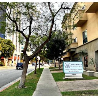 A peaceful urban sidewalk lined with trees and buildings, featuring a prominent street sign.