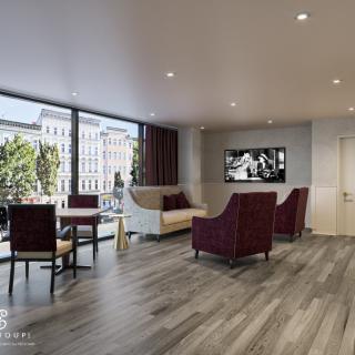 A modern living room with large windows, elegant furniture, and a TV mounted on the wall.