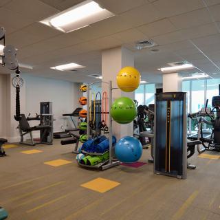 A well-equipped gym with various exercise machines and colorful fitness balls.