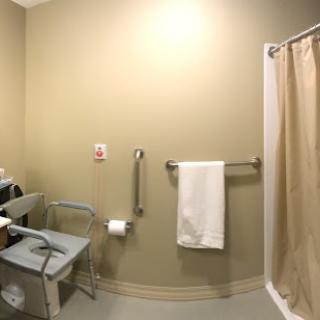 An accessible bathroom featuring a shower area, grab bars for safety, and essential amenities.